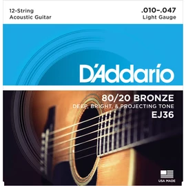 D'Addario EJ36 akusztikus gitár húrkészlet 12 húros 80/20, húrkészlet 10-47 bronz, lite