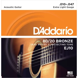 D'Addario EJ10 akusztikus gitár húrkészlet 80/20, húrkészlet 10-47 bronz, extra lite