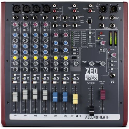 Allen&Heath ZED60-10FX, keverő 60mm-es fader-ekkel, 4 monó/2 sztereó csatorna, 1 AUX, USB, effekt