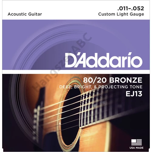 D'Addario EJ13 akusztikus gitár húrkészlet 80/20, húrkészlet 11-52 bronz, custom light