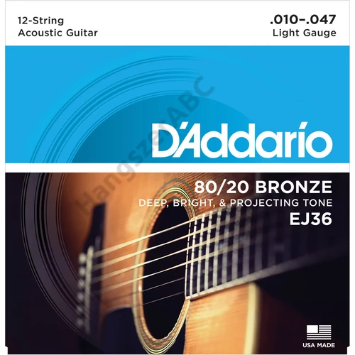 D'Addario EJ36 akusztikus gitár húrkészlet 12 húros 80/20, húrkészlet 10-47 bronz, lite