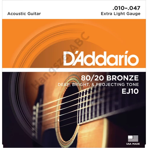 D'Addario EJ10 akusztikus gitár húrkészlet 80/20, húrkészlet 10-47 bronz, extra lite
