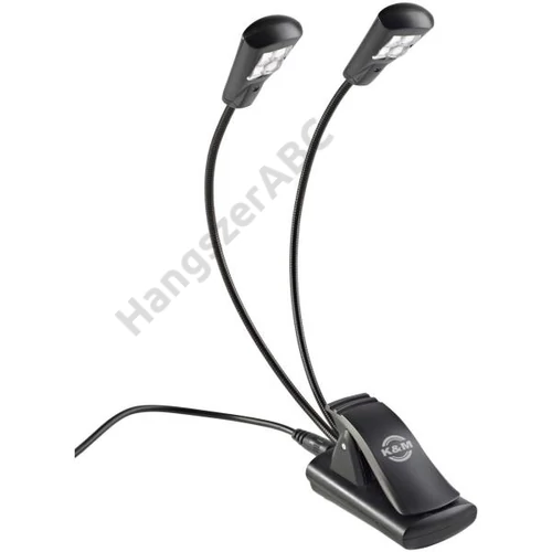 König & Meyer kottalámpa - Double4 LED Flex Light – 2x4 LED-es, csíptethető, 3 db AAA elemmel illetve a tartozék 110-240 V AC adaprel táplálható, flexibilis nyakkal, fekete
