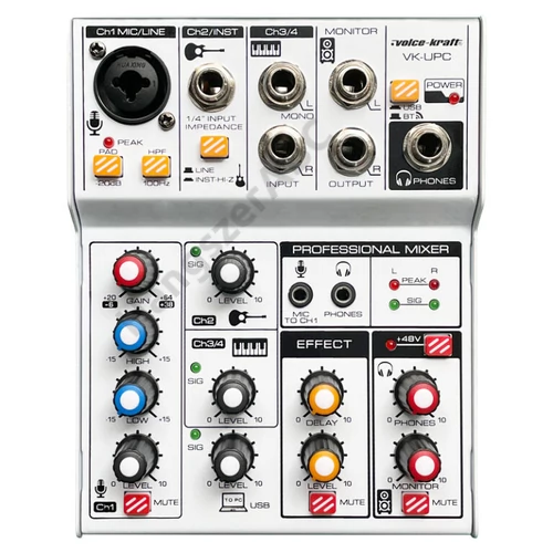 Voice-Kraft VK-UPC Keverőpult és hangkártya 2 Monó/1 Sztereó csatorna, USB interface, Bluetooth