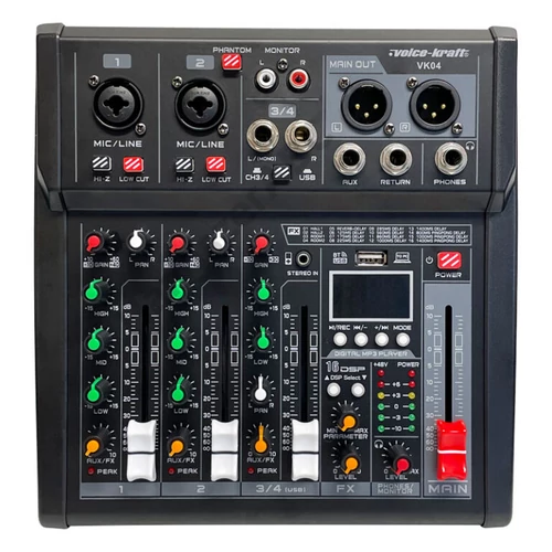 Voice-Kraft VK04 Keverőpult 2 mono/1 sztereo csatorna,USB Audio interface, Bluetooth, 16DSP effect