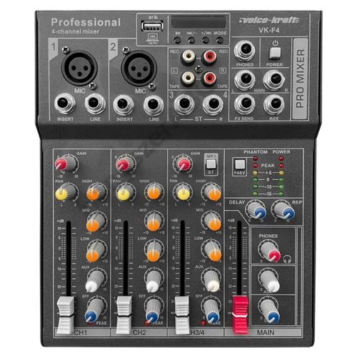 Voice-Kraft VK-F4 Keverőpult 2 Monó/1 Sztereó csatorna, USB Audio interface, Bluetooth